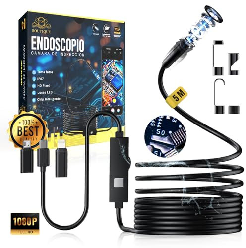TOP BOUTIQUE® Super Endoscopio Camara de inspeccion Profesional IP67 + 4 Accesorios + 3 ADAPTADORES | Camara endoscopica 5 M | Herramientas Taller mecanico | Camara inspeccion tuberias para movil