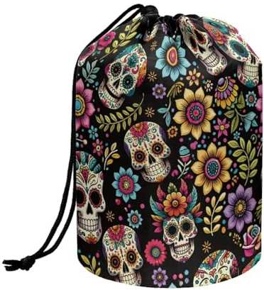 Wnbucioht Hippie Skull Flower Drawstring Makeup Bag Opens Flat Womens Travel Bags for Toiletries Organizer Skull Print Large Capacity Cosmetic Bags Large Barrel Drawstring Makeup Bag