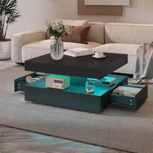 KEEPREAPER Couchtisch LED, Wohnzimmertisch mit 2 Schubladen für Wohnzimmer 78 x 78 x 40cm (Schwarz)