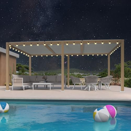 Pergola Bioclimatique en Aluminium 3,5 x 5,5 m avec éclairage LED, tonnelle de jardin étanche avec persiennes réglables pour terrasse, patio et abri d'auto – Effet bois