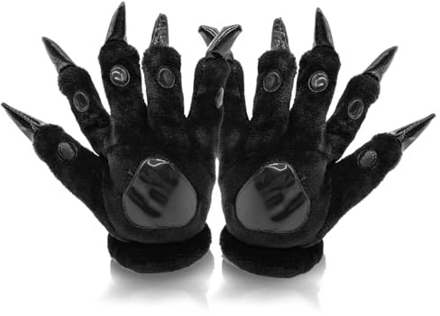 Fluffy Paw Gloves, Furry Bear Dinosaur Wolf Cat Paw Cosplay Gloves Animal Hand Gloves Warm Animal Paw Full Finger Mittens for Women Teenage Girls Halloween Cosplay Party (Black)