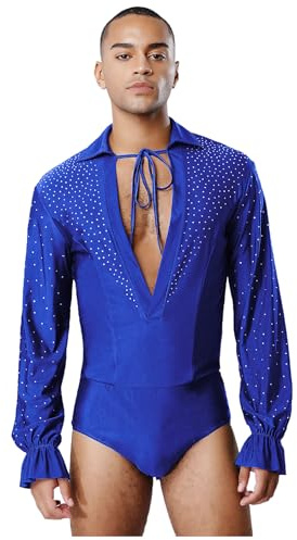 Agoky Herren Langarm Glitzer Body V-Ausschnitt Latein Tango Tanz Leotard Strasssteine Tanzbody Gymnastikanzug Turnanzug Eislaufen Wettbewerb Kostüm
