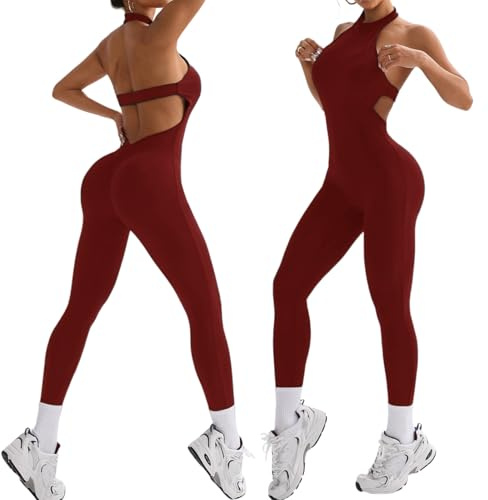 XDSP Jumpsuit Damen Ärmellos Yoga Bodysuit Rückenfreie Padded Einteiler Sportkleidung Overall Elegant Ganzkörperanzug Scrunch Sexy Workout Sport Strampler Gym Stretch Yoga