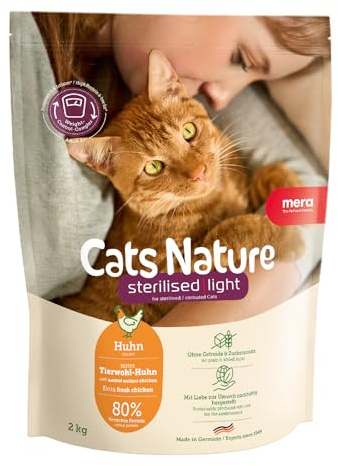 MERA Cats Nature Sterilised Light Huhn 2kg Katzenfutter ohne Getreide | Speziell für sterilisierte & kastrierte Katzen - hochwertige Rezeptur, fettarm, zuckerfrei, hoher Fleischanteil