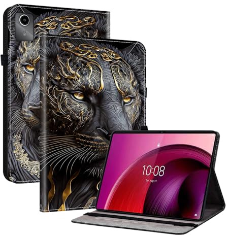 Coque pour Lenovo Tab M11 2024 11 Pouces, Housse Étui à Rabat de Protection avec Fonction Support, Porte-Pencil, Veille/Réveil Automatique, Lion en Or Noir
