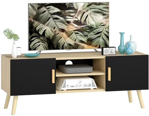 HOMCOM Meuble TV Meuble télé Bois Banc TV jusqu'à 50 Pouces avec étagères, 2 placards et Passe-câbles pour Salon, Chambre à Coucher, 110 x 36,2 x 42 cm, chêne et Noir