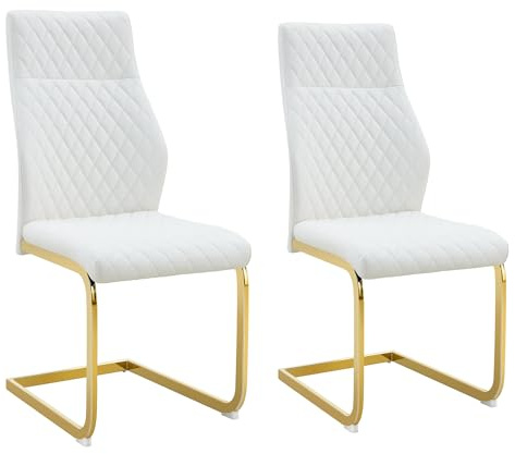 SEEDWAVE Esszimmerstuhl 2er Set Freischwinger, ergonomischer Küchenstuhl im skandinavischen Stil mit hoher Rückenlehne und pflegeleichtem PU-Leder-Bezug (Weiß golden)
