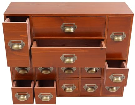 Mini Kommode mit 14 Schubladen, Vintage Aufbewahrungsschrank - Schrank Schubladenschrank Holz Klein Retro Schubladen-Organisator für Bürobedarf, Schmuck, Medikamente 53x16x42cm (Braun)