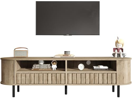 RAPRAP Meuble TV en bois naturel 160 cm pour 65 pouces – 2 tiroirs, 2 compartiments semi-ouverts, coins ovales, MDF, capacité de charge 25 kg