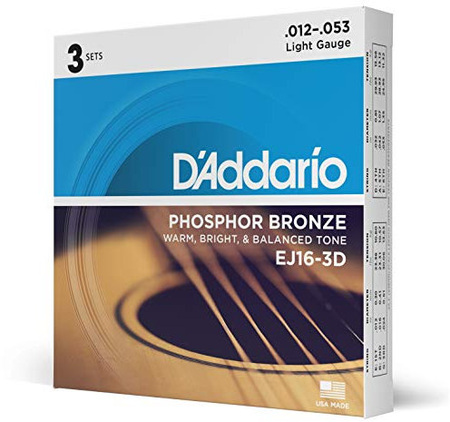D'Addario Cuerdas Guitarra Acustica - Cuerdas de Guitarra - Cuerdas de Guitarra Acustica - EJ16-3D - Extra Ligero, 12-53 - 3-Paquete, 3-Pack, Light, 12-53