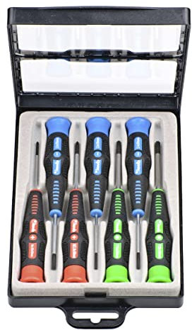 kwb Präzisions-Schraubendreher Set Kreuz, Schlitz + TX für Fein-Mechanik, Mini-Schraubenzieher f. Uhrenmacher / Feinmechaniker, Werkzeug-Satz in Aufbewahrungs-Box, mit Dreh-Kopf und 2-Komponentengriff