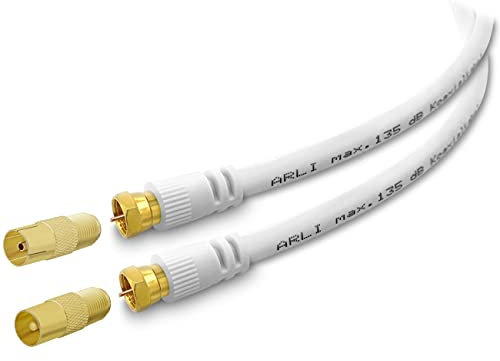 ARLI 10m TV Antennenkabel weiß – max. 135 dB 5-fach geschirmt | vergoldete F-Stecker & IEC Adapter Antennenstecker Antennenbuchse | DVB-C DVB-T2 DAB+ 4K 8K HDTV Anschlusskabel weiss