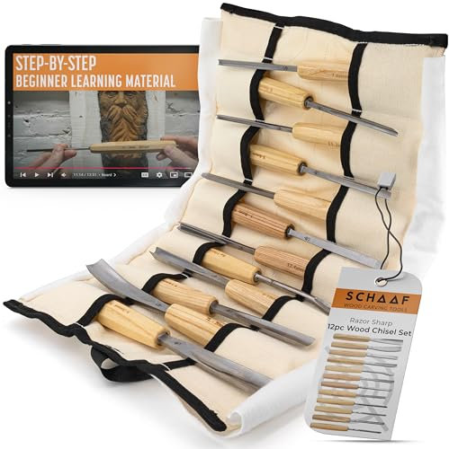 SCHAAF Lot de 12 outils de sculpture sur bois avec étui en toile – Gouges et burins pour débutants, amateurs et professionnels