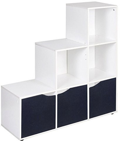 URBNLIVING 6 White Cube Step Storage Bookshelf Unit + 3 Black Doors