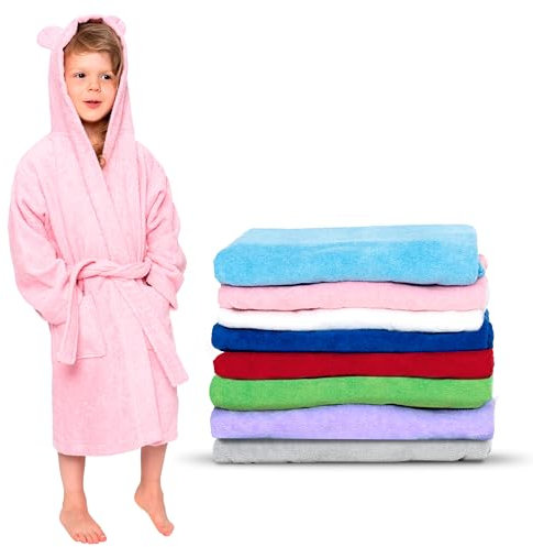 Twinzen - Peignoir Enfant Coton pour Fille et Garçon - 100% Coton Oeko-TEX® sans Produits Chimiques- 2 Poches, Ceinture, Capuche avec Oreilles,5-6 ans,Rose