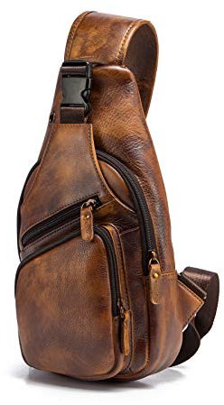 Le'aokuu Herren Echtes Leder Brusttasche Umhängetasche Sport Outdoor Messenger Bag Wanderrucksäcke