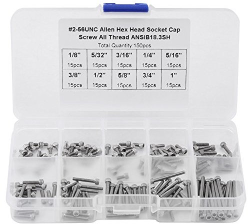 150PCS Nuts Boulons Vis, 9 tailles Hex Socket Cap Head Vis Assortiment Set avec Boîte En Plastique # 2-56 UNC