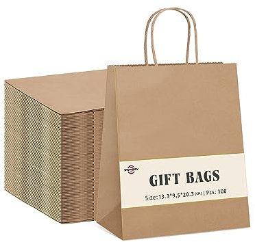 Switory 100 Stück Papiertüten Geschenktüten Braun Kraftpapiertüte mit Henkel zum Geschenke, Party, Geburtstag, Basteln, Einzelhandel (13,3 x 9,5 x 20,3 cm)