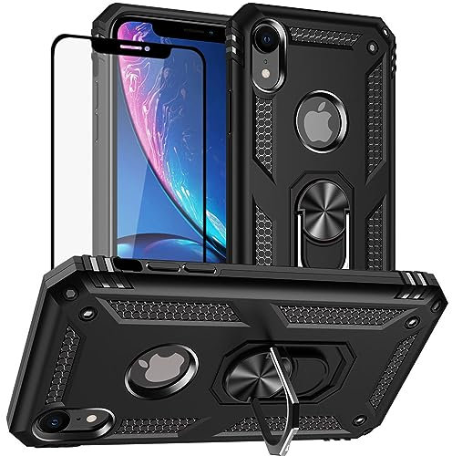 Yiakeng Funda iPhone XR, Carcasa con Protector Pantalla Cristal Templado, Silicona Armor Case con Soporte para iPhone XR (Negro)
