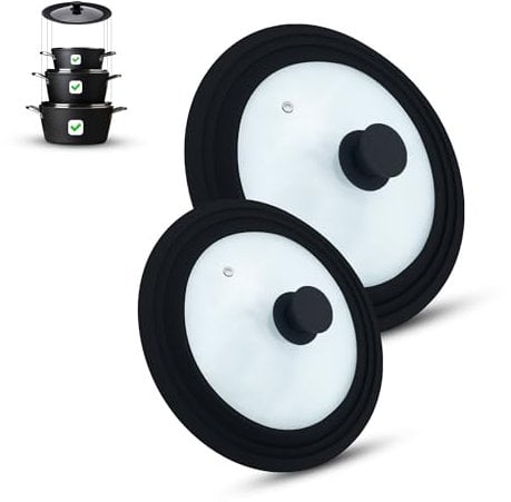 M.S.N Lot de 2 couvercles, en verre, pour casseroles et poêles de 16/18/20 cm et 24/26/28 cm, avec soupape d'échappement et bord en silicone noirs