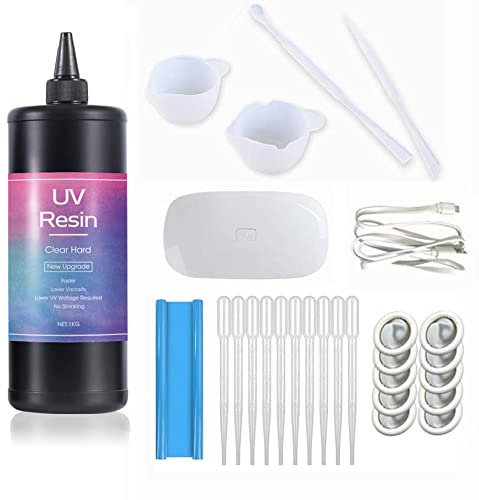 Kit Resina UV Transparente 1kg con Herramientas con Lámpara, Curado Rápido, con tazas de mezcla, palos, tapete de mesa, cunas para dedos, pipetas para DIY hacer manualidades joyas joyería con resina