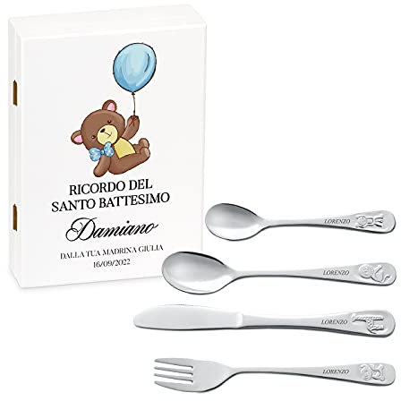 Maverton Set di 4 posate per bambini con incisione + scatola in legno con stampa personalizzata - motivo animali - idee regalo per il battesimo bimbo - pensiero