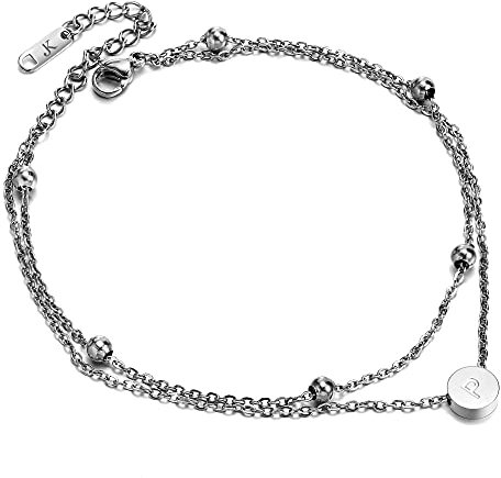 Kim Johanson Edelstahl Damen Fußkettchen *Buchstabe* in Silber Doppelte Fußkette mit 6 Kugeln | Buchstaben A bis Z | Wasserfest | Frauen Boho Schmuck | Verstellbar inkl. Schmuckbeutel (P)