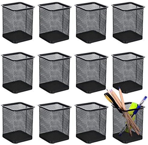 TooCust Black Mesh Pencil Holder 12 Pack Square Pen Cups For Desk Organizer Classroom Organization Pencil Holders Wire Mesh Pen Holder Makeup Brush Holders Pencil Cup For Desk Office Supplies, 3.8 H