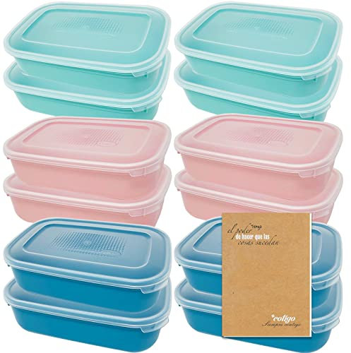 Codil Juegos Recipientes de Plásticos para Alimentos, Tapers Rectangular Reutilizables con Tapa para Comida Sin BPA, Apto para Microondas Lavavajillas y Congelador (Rosa Verde y Azul, 0.8L x 12)