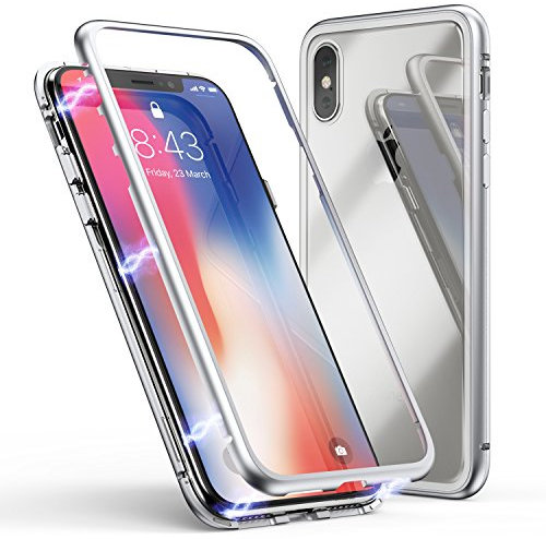 LONYAN Magnetic Phone Case for iPhone X/iPhone XS, Metal Frame Transparent Tempered Glass Back Built-in Magnet Adsorption Cover with Screen Protector for Apple iPhone 10 (Silver)