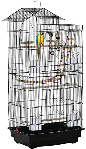 PawHut Jaula para Pájaros Pajarera con Múltiples Puertas 4 Comederos 3 Perchas Columpio Escaleras y Bandeja Extraíble para Loros Canarios Periquitos 46x36x100 cm Negro