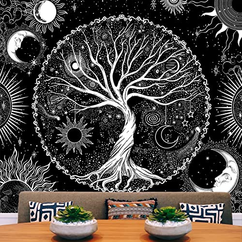 AACKart Baum des Lebens Tapisserie – Schwarz und Weiß Wandteppiche Sonne und Mond Tapisserie Galaxie Stern Tapisserie für Schlafzimmer Ästhetik Wandbehang Zuhause Wohnzimmer Wohnheim Dekor 150x130 cm