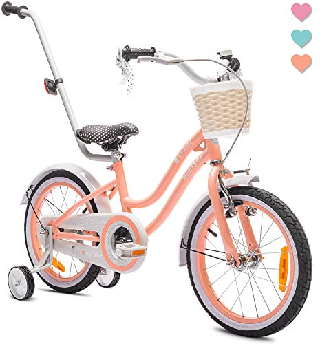 sun baby Mädchenfahrrad 16 Zoll Radgröße Heart Bike zur Auswahl, mit Abnehmbarer Schubstange, Kinderfahrrad für Mädchen von 2 bis 6 Jahre (Aprikose, 16 Zoll)