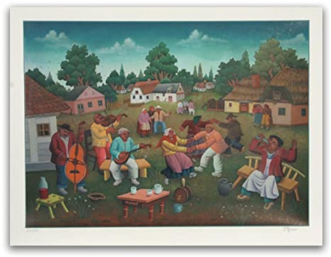 Berühmte Ivan Generalic Leinwand Wandkunst Gemälde.Reproduktionen Poster und Drucke auf Leinwand.Wandkunst Bilder für Wohnzimmer Dekor„Dorftanz“30x45cm(12x18in)rahmenlos