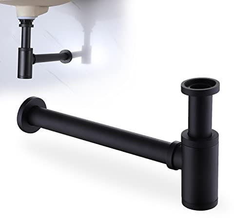 HAMOLER Round Bottle P-Trap 1 1/4 Adjustable Bathroom Basin Sink Waste Trap Drain Kit Bathroom Bottle P Trap Waste Pipe, Matte Black