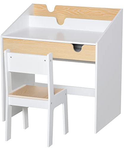 HOMCOM Kids Desk and Chair Set 2 Pieces Children Study Table with Storage Pull-Out Drawer Bookshelf for 3-6 Years Writing, Reading, Drawing