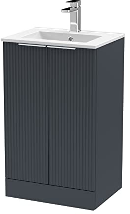 Hudson Reed DFF1423B Fluted Modern Bathroom Floor Standing 2 Door Vanity Basin Unit with Minimalist Ceramic Basin, 500mm, Soft Black