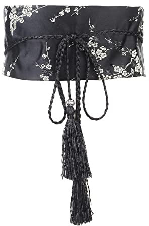 FAD-4U Kimono Obi en coton pour femme - Style japonais - Large ceinture brodée avec pompon - Accessoires de peignoir Yukata, Noir , taille unique