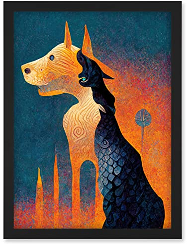 Doppelganger33 LTD Abstract Dog Monument Statue Illustration Teal Orange Artwork Framed Wall Art Print A4