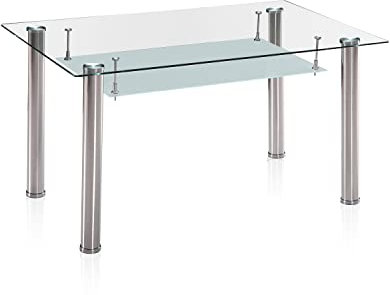 duehome | Mesa de Comedor Fija, Mesa Salon o Cocina, Modelo Tyra, Acabado en Cromo y Cristal Templado, Medidas: 140 cm (Largo) x 80 cm (Ancho) x 75 cm (Alto)
