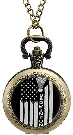 Badminton with American Flag Alloy Clock Vintage Pocket Watch Cute Hang Watches Pendent Necklace