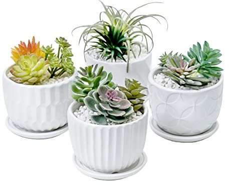 Nioslier Lot de 4 pots de fleurs en céramique de 10,6 cm avec soucoupe connectée, pots de fleurs avec trou de drainage pour cactus et petits serpents, décoration d'intérieur, sans plantes (lot de 4)