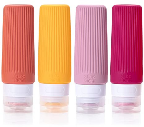 4 Stück 90ml Reiseflaschen Set,BPA-frei,Silikon Auslaufsicher Nachfüllbar Tragbar Zusammendrückbar Leer Zubehör Reisegröße für Toilettenartikel,Lotion,Shampoo,Spülung,Flaschen,Behälter(Rose Rot)