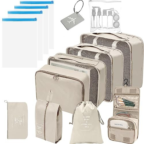 8 x Packwürfel für Koffer + 4 x Kompressions-Vakuumbeutel + Reisespender-Flaschen-Set + Gepäckanhänger, Gepäckverpackungs-Organizer, Reiseutensilien (beige)
