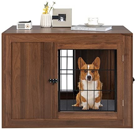COSTWAY Gabbia per Cani con Doppie Porte Bloccabili, Cuccia in Legno per Cani con Cusino e Rete Metallica Antimorso, Kennel per Animali di Piccola e Media Taglia, per Uso Interno, 92 x 59 x 66,5 cm