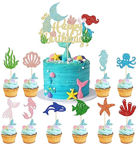 Gyufise 31Pcs Mermaid Cupcake Toppers Happy Birthday Mermaid Cake Topper Glitter Starfish SeaShell Mermaid Tail Cake Decorations for Mermaid Theme Baby Shower Kids Birthday Cake Decorations Supplies
