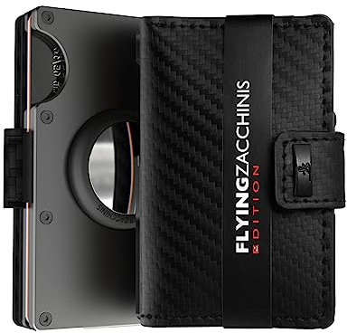 Flying ZACCHINIS Slim Wallet mit Münzfach, AirtTag Kreditkartenetui aus Echtleder und Alumimum mit RFID Schutz, Kartenetui für Herren (AirTag Halter, Carbon schwarz)