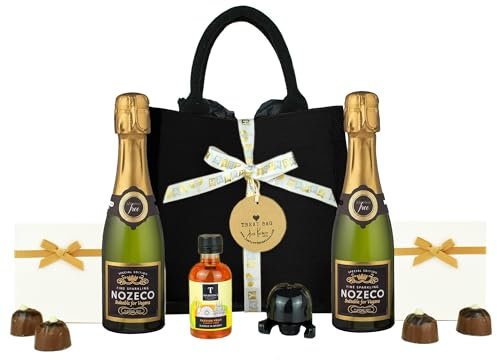 Non Alcoholic Sparkling Wine Mini Birthday Treat Bag: 0.0% Alcohol Free Sparkling Wine, Chocolate Truffles, Passion Fruit Syrup and Fizz Preserver | Jute Hamper Set