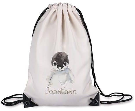 timalo® Kinder Turnbeutel personalisiert mit Namen | Sportbeutel bedruckt | süße Tiermotive | Kindergarten Stoffbeutel Geschenke Mädchen Jungen | 19- Pinguin