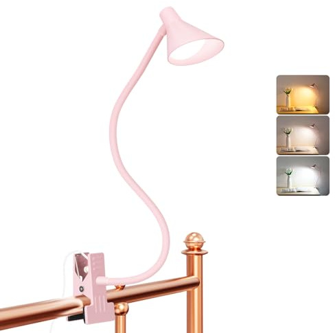 LiFMIRA Pink Small Desk Lamp Clip on LED Reading Light for Bed, 3 Color Modes 10 Dimmable Brightness, Book in Bed Headboard, Flexible Neck Clamp BL08